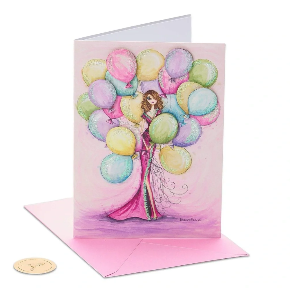 🆕Papyrus Fashion Girl With Balloons Birthday Greeting Card